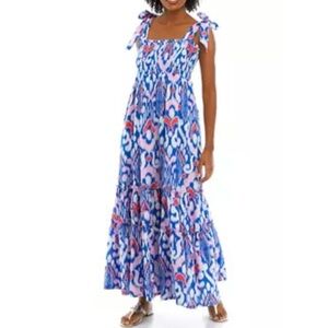Crown‎ and Ivy Smocked Tiered Maxi Dress Blue Pink Ikat | Size Petite Medium PM